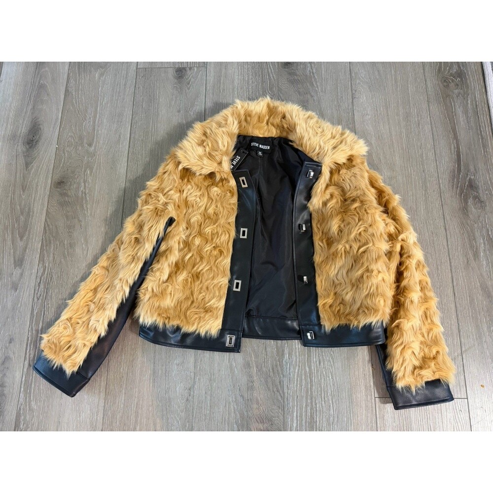 Steve Madden Faux Fur Jacket Women Glam Cropped Button SIZE M NWT